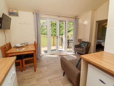 A living room with a wooden dining table and chairs a mounted television and armchairs next to glass doors leading to a deck at Chalet Log Cabin L6 in Combe Martin