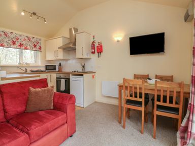 A small kitchen and dining area with a red sofa wooden table and chairs and a wall mounted television at Chalet Log Cabin L7 in Combe Martin
