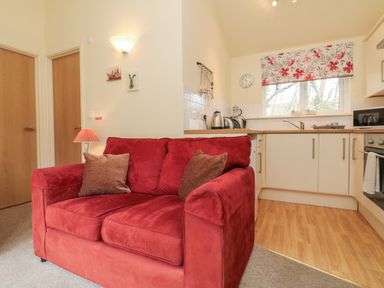 A small kitchen area with white cabinets and a red loveseat with brown cushions in front at Chalet Log Cabin L7 in Combe Martin