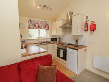 A kitchen with white cabinets wooden countertops a stove an oven a dishwasher a microwave a kettle a sink and a red sofa in the foreground at Chalet Log Cabin L7 Combe Martin