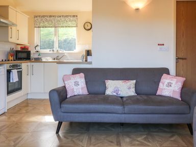 A sitting area with a grey sofa and cushions next to a kitchen with white cabinets and a window at Chalet Log Cabin L12 in Combe Martin