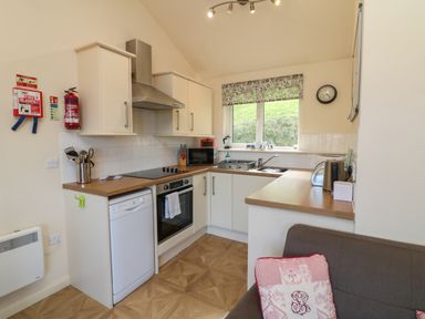 A kitchen with white cabinets a dishwasher oven microwave kettle and a window with a patterned blind at Chalet Log Cabin L12 in Combe Martin