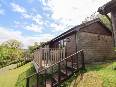 A cabin with a deck and stairs on a grassy hillside with trees in the background at Chalet Log Cabin L12 in Combe Martin