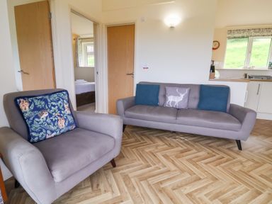 A living room with a gray armchair and a gray sofa with cushions near wooden doors and a kitchen window at Chalet Log Cabin L14 in Combe Martin