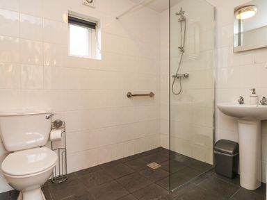 A bathroom with a toilet a walk in shower with glass partition a sink with mirror and a small window at Larchwood Lodge in Combe Martin
