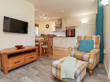 A living room with a plaid armchair and ottoman next to a kitchen with wooden dining table and chairs at Larchwood Lodge in Combe Martin