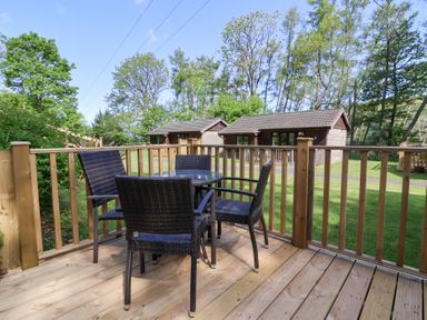 An outdoor wooden deck with a round glass table and four black wicker chairs overlooking grassy area with two small cabins and trees at Larchwood Lodge in Combe Martin