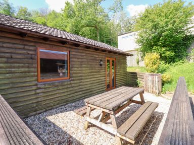 An outdoor area with a wooden picnic table and benches beside a log cabin with trees in the background at Chalet Lodge Bunks L1 Combe Martin