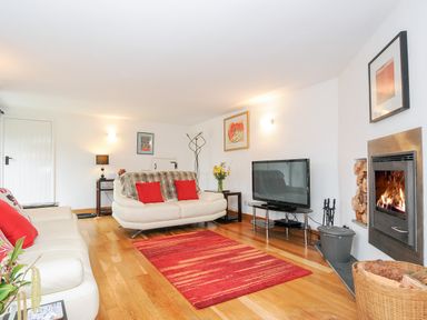 A living room with white sofas red cushions a red rug a flat screen tv and a fireplace at Great Brightor Cob Barn in St Kew Highway