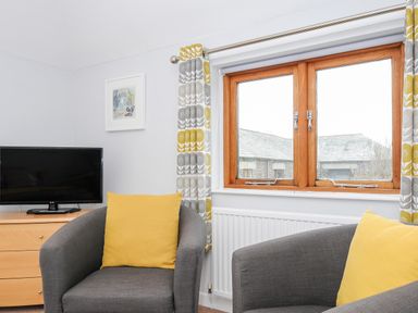 A sitting area with two gray armchairs with yellow cushions a wooden TV stand with a television and a window with patterned curtains at Great Brightor Cob Barn in St Kew Highway