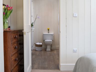 A view of a bathroom with a toilet and flowers on top seen through an open door with a wooden chest of drawers and flowers in a vase nearby at Flagstaff in Penmon near Beaumaris