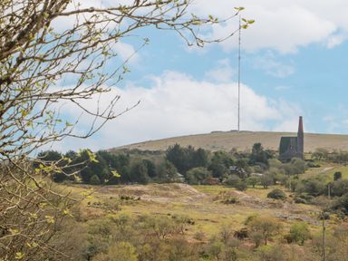 A rural landscape with trees hills a radio mast and a stone chimney at Mum's Cottage Minions near Upton Cross