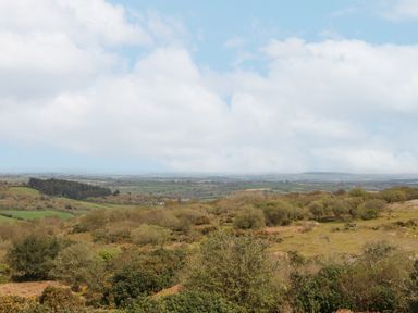An open rural landscape with scattered trees and shrubs under a partly cloudy sky at Mums Cottage in Minions near Upton Cross