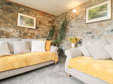 A living room with two sofas with yellow throws and cushions a tall plant a small table with flowers and stone walls at Mum's Cottage in Minions near Upton Cross