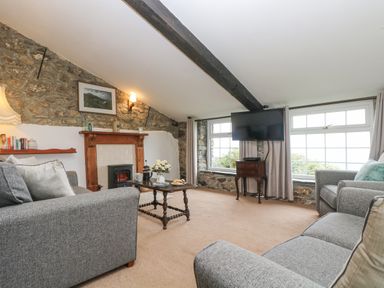 A living room with stone walls, two gray sofas, a wooden coffee table, a fireplace, a TV on a stand, and windows with curtains at Bickle Bice Cottage in Minions near Liskeard
