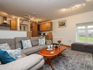 A living room with a gray sofa pillows a wooden coffee table with cups flowers and kitchen cabinets in the background at Cheesewring Cottage in Minions near Upton Cross