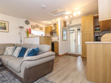 An open plan living room and kitchen with a gray sofa and wooden cabinets at Cheesewring Cottage in Minions near Upton Cross