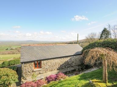 A stone building with a slate roof surrounded by plants and grass with a rural landscape in the background at Fizz-Gog Cottage in Minions near Upton Cross