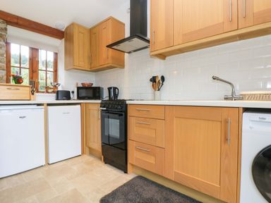 A kitchen with wooden cabinets black stove white appliances and a window at Fizz-Gog Cottage in Minions near Upton Cross
