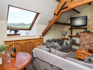 A living room with a skylight window visible wooden beams couches and a television at The Cheese Loft in White Mill near Carmarthen