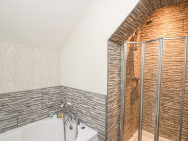 A bathroom with a bathtub and a shower enclosure with tiled walls at The Cheese Loft in White Mill near Carmarthen