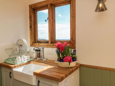 A kitchen sink with drying rack dishes flowers on wooden countertop under window at Tawny in Morchard Bishop
