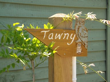 A wooden sign with the word Tawny and two owl figures mounted on a wooden post with green plants and a paneled wooden wall in the background at Tawny Morchard Bishop