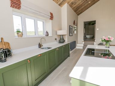 A kitchen with green cabinets a white countertop a window and flowers on a table at The Barn in Llanfechell