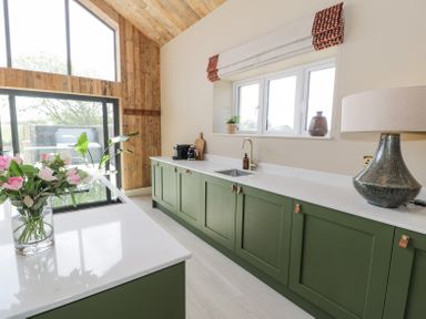 A kitchen with green cabinets a white countertop flowers on an island and large windows at The Barn in Llanfechell