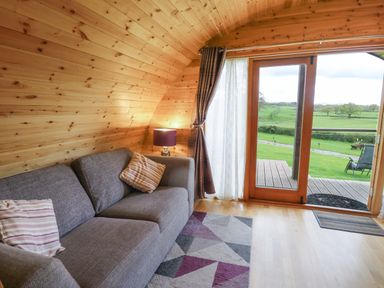 A room with wooden walls, a gray sofa with cushions, a lamp, a patterned rug, and a glass door leading outside to green fields at Pine Lodge in Llanddeusant near Llandovery