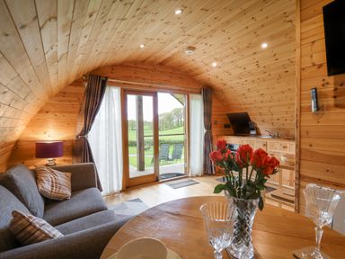 A wooden interior living space with a sofa, table with flowers and glasses, kitchenette, and glass doors leading outside at Pine Lodge in Llanddeusant near Llandovery