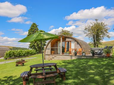 A wooden pod with a deck and chairs and a picnic table with a green umbrella on grass at Pine Lodge in Llanddeusant near Llandovery