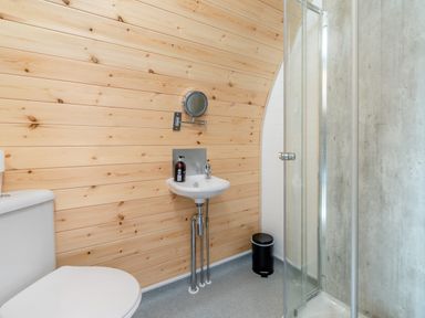 A bathroom with a toilet sink shower and wooden paneled walls at Carlton Manor Pod 8 in Aldbrough