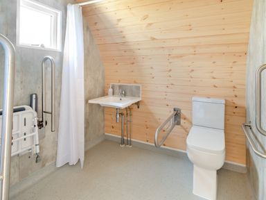 A bathroom with a toilet and sink with support bars and a window with a white curtain at Carlton Manor Pod 10 Aldbrough