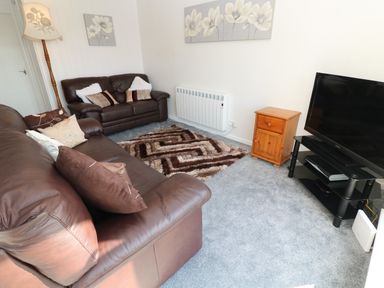 A sitting room with brown leather sofas a patterned rug a wooden cabinet a television on a stand and wall art at 39 Manorcombe Bungalows in Honicombe Holiday Village near Drakewalls