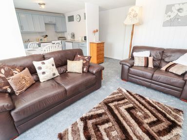 A living room with brown leather sofas cushions a patterned rug a wooden dresser and a floor lamp near a kitchen area at 39 Manorcombe Bungalows Honicombe Holiday Village near Drakewalls