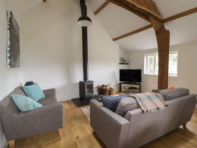 A living room with two gray sofas a black wood stove television on a stand and wooden beams at Brimley Barn in Kittisford near Milverton