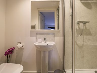 A bathroom with a sink toilet shower and mirror at Brimley Barn in Kittisford near Milverton
