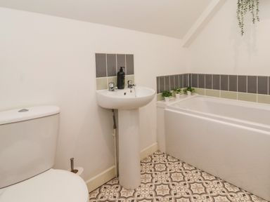 A bathroom with a toilet sink bathtub small plants and patterned floor tiles at The Old Police House in Withernsea