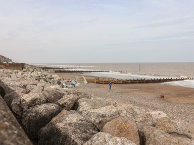 A rocky beach with two people and a dog near the sea and wooden groynes at The Old Police House in Withernsea