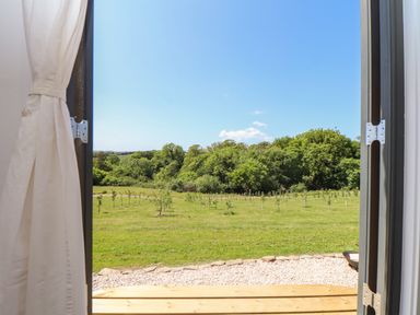 A view of a green field with small trees and a forest in the background seen through an open doorway with white curtains at Little Pip in Gulval