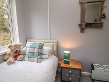 A bedroom corner with a single bed a teddy bear a plaid pillow a bedside table with a lamp a mirror on the wall and a heater at Valley Lodge 55 in Callington near Gunnislake
