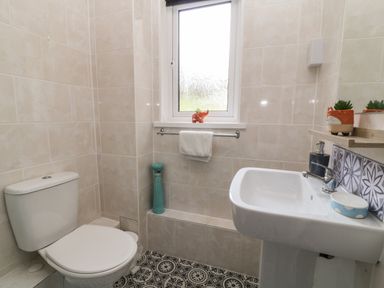 A bathroom with a toilet sink towel rack and a window at Valley Lodge 55 Callington near Gunnislake