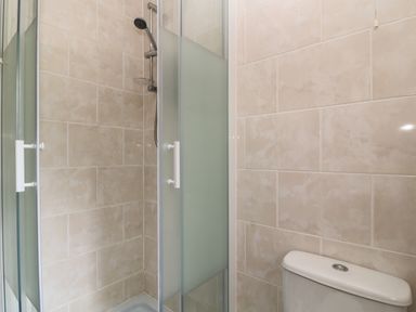 A bathroom with a shower with glass doors and a toilet at Valley Lodge 55 Callington near Gunnislake