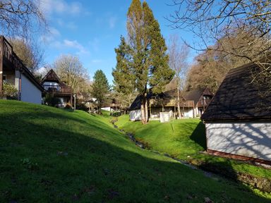 A grassy area with a small stream running through it surrounded by houses with balconies at Valley Lodge 55 in Callington near Gunnislake