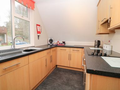 A kitchen with wooden cabinets a sink stove kettle and window at Valley Lodge 33 Callington near Gunnislake