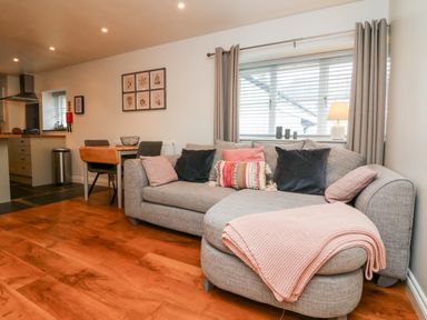 A living room with a gray sofa with pillows and a blanket next to a window with curtains and a dining table with chairs at Cosy Cottage Broadwoodwidger near Lifton