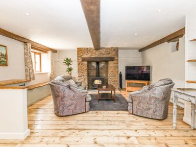 A living room with patterned armchairs a coffee table a stone fireplace and a television at Bunts Barn Northlew near Hatherleigh