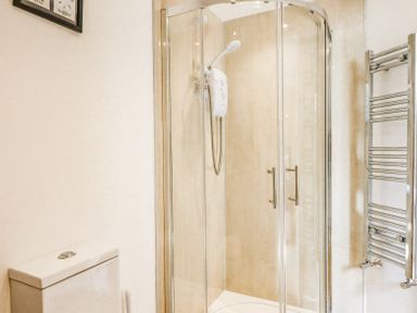 A bathroom with a glass shower enclosure a white toilet and a wall-mounted towel radiator at Bunts Barn Northlew near Hatherleigh