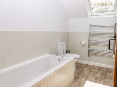 A bathroom with a bathtub a toilet a heated towel rack and a skylight window at Bunts Barn in Northlew near Hatherleigh